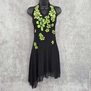 Celine Champion Asymmetrical Halter Dress L Black Green Floral Coconut Girl Y2K